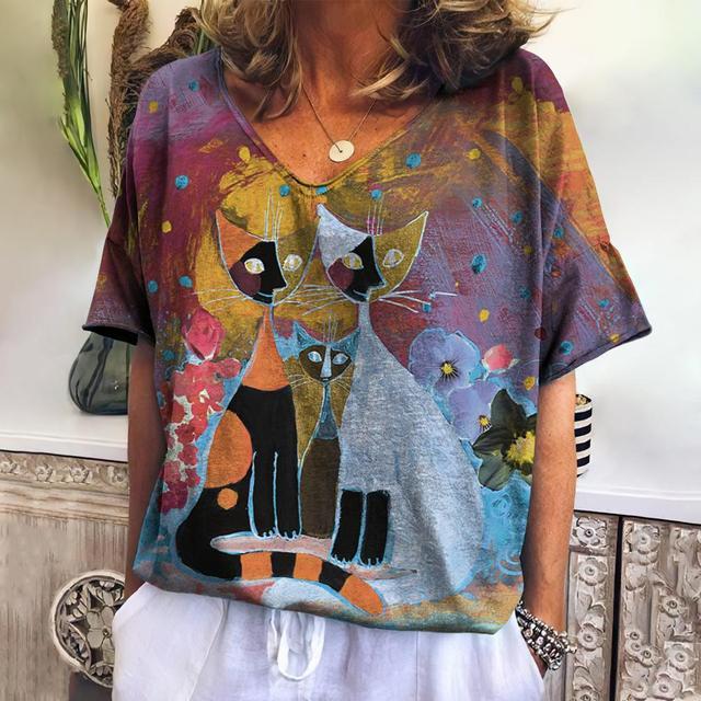 New Ladies T-Shirts Summer Short Sleeve Tops Kitten Graphics