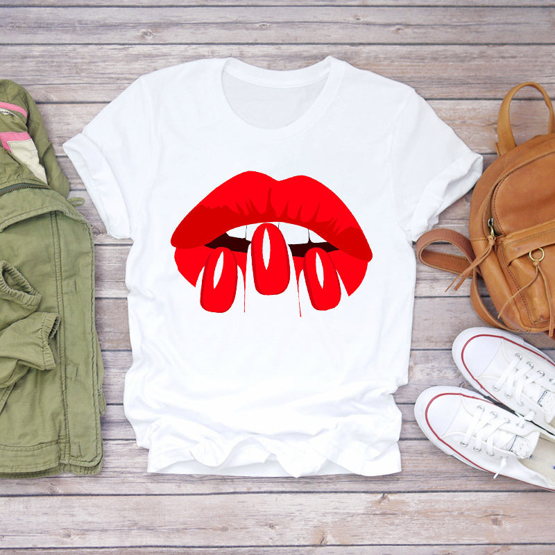 T-Shirts Top Fingernail Graphic Nail-Art Female Ladies Lady Summer Tee Make-Up-90s