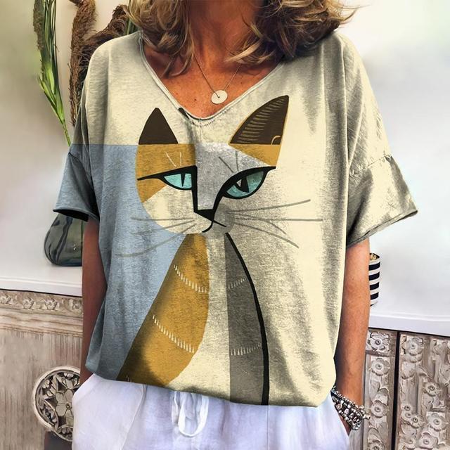 New Ladies T-Shirts Summer Short Sleeve Tops Kitten Graphics