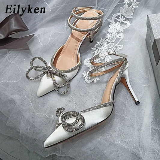 Style Glitter Rhinestones Silk Women Pumps Crystal Bowknot Satin Spring Autumn Lady High Heels Party Prom Shoes