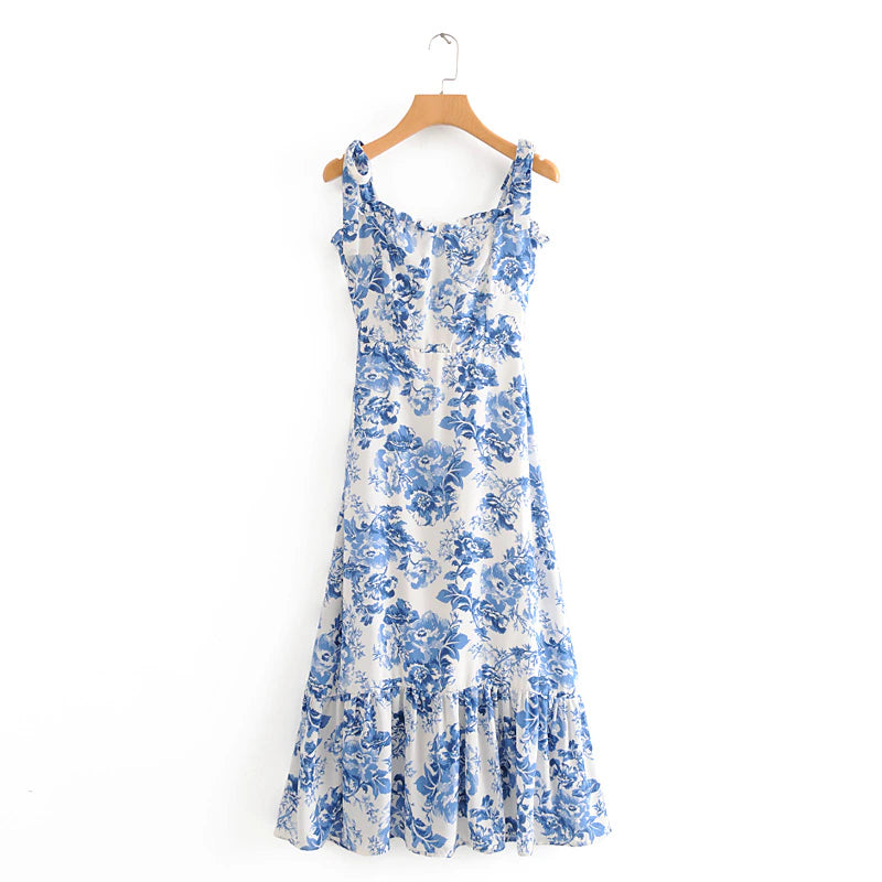 Summer Dresses Women 2020 Vintage Blue White Floral Print Dress Woman Sexy Spaghetti Strap Tie Chiffon Elegant Ruffle Midi Dress