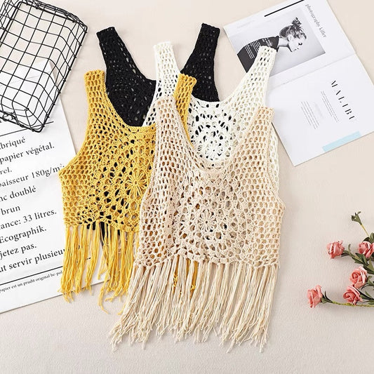 Retro Blouse Bohemian Hollow Knitted Short Ethnic Style Tassel Suspender Vest