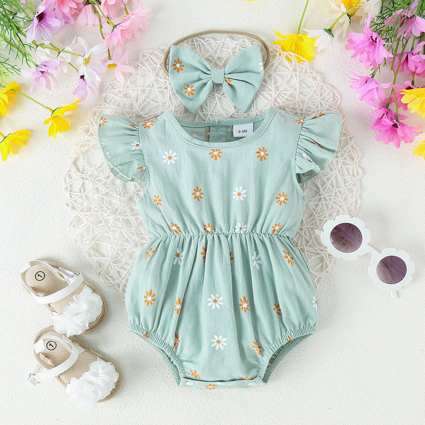 Babies' Multi-color Printed Jumpsuit Bow Headdress