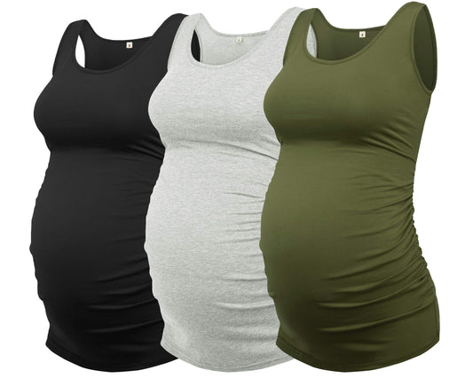 AMPOSH Women's Maternity Tank Top 3 Pack Ruched Side Sleeveless Pregnancy Basic Shirt(Black/Gray/Olive, S)