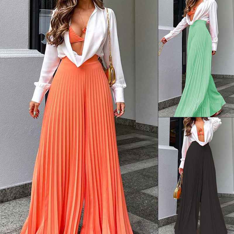 Polyester European And American Ladies Fashion Temperament Pleated Long Wide-leg Pants