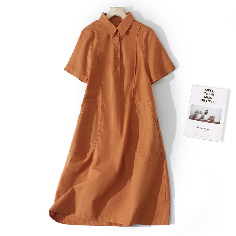 Summer Artistic Loose Solid Color Cotton And Linen Lapel Short Sleeve Dress Women