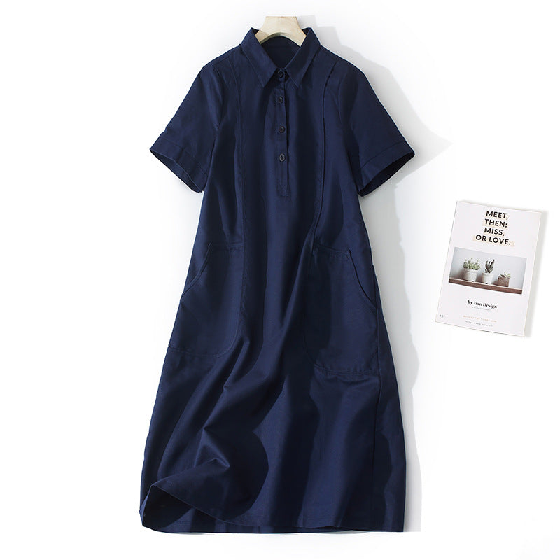 Summer Artistic Loose Solid Color Cotton And Linen Lapel Short Sleeve Dress Women