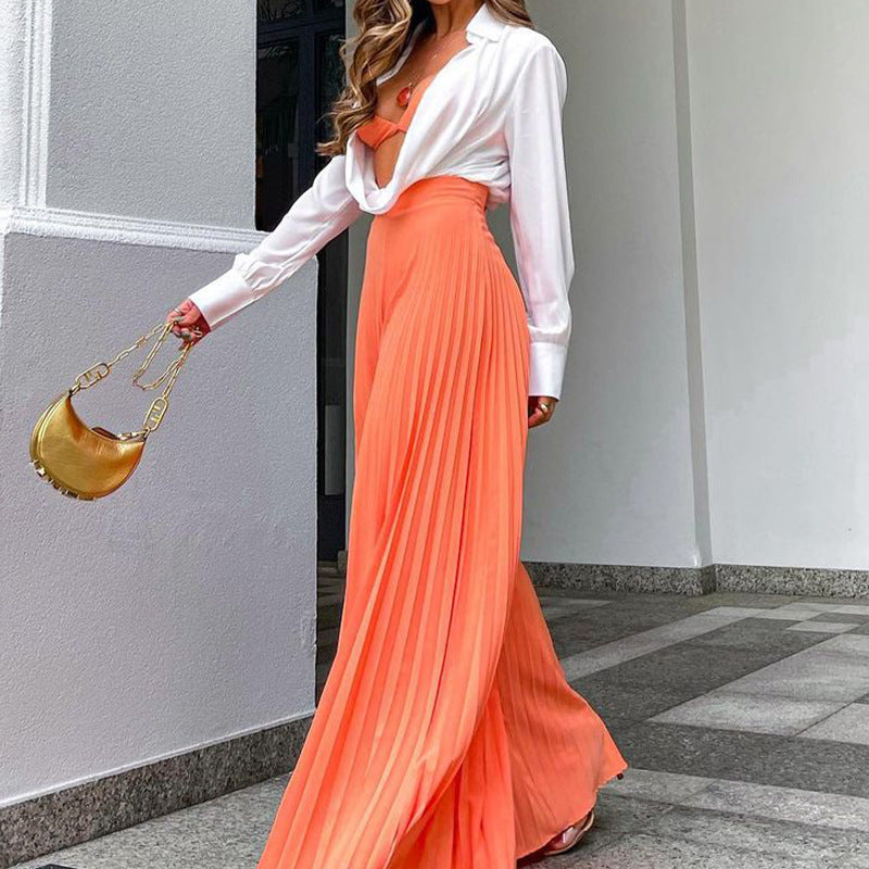 Polyester European And American Ladies Fashion Temperament Pleated Long Wide-leg Pants